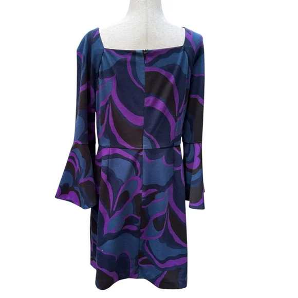 Trina Turk Size 14 Bell Sleeve Dress | Purple & Blue Swirl Geometric Mod Print - Picture 7 of 11